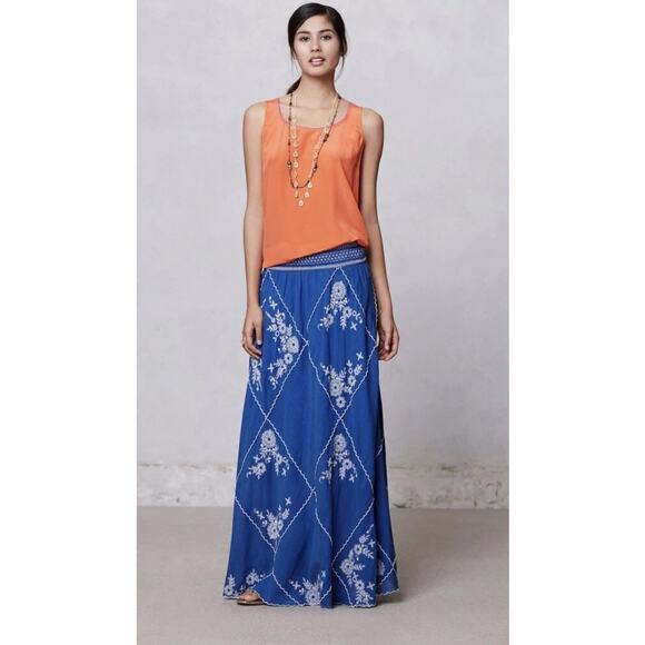 Anthropologie X Meadow Rue Women's Ping Blue Embroidered Maxi Skirt Boho Peasant - Picture 1 of 10
